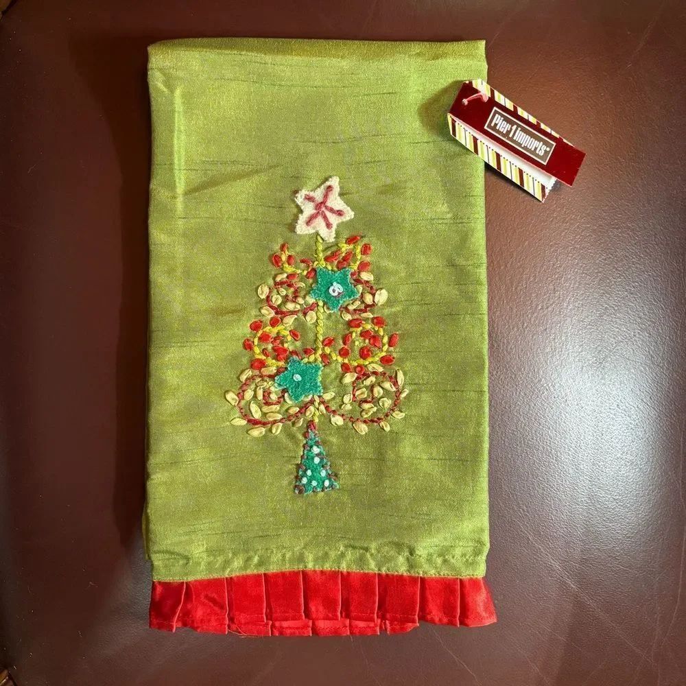 Pier One Imports Festive Green embellished Christmas Tree Tea Towel NWT